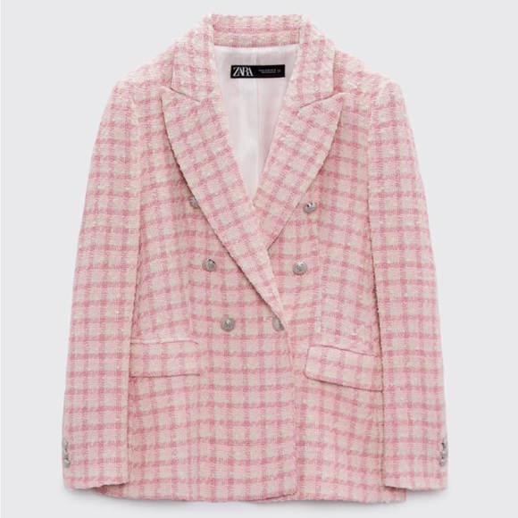 Zara Jackets & Blazers - Pink Check Tweed Double-Breasted Blazer